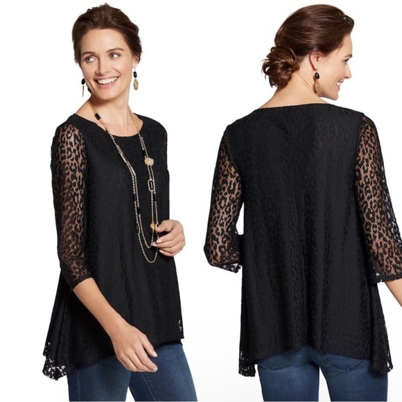 Chico’s Black Senoia Lace Shark-Bite Hem Tunic Top Size Large - Picture 1 of 6